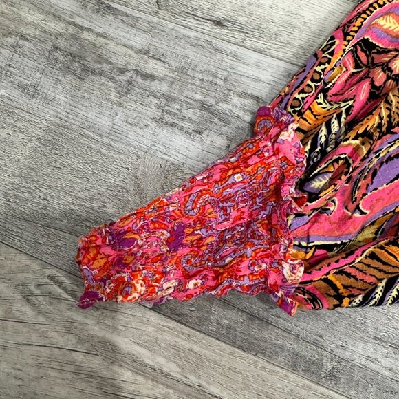Free People Gemini Multipatterned V-Neck Boho Blouse Size XS Balloon Sleeve S3 - Picture 4 of 7